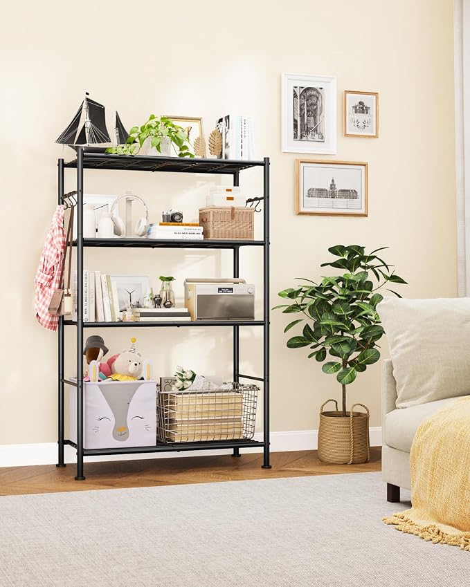 Sakugi Storage Shelves - 4-Tier Spacious Shelf Organizer with Hooks & Leveling Feet, Easy to Assemble, Rust-Resistant Garage Shelving for Kitchen, Pantry, Bedroom, 33.2" x 12.7" x 57.3", Black - Image 8