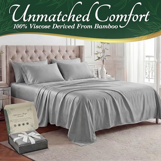 DECOLURE 100% Viscose Derived from Bamboo Sheets Twin Size - Luxury 4 Pc Naturally Cooling Sheets, Ultra Soft Bed Set - Deep 17" Pockets, Durable Double Stitching, Oeko Tex Standard (Light Grey)