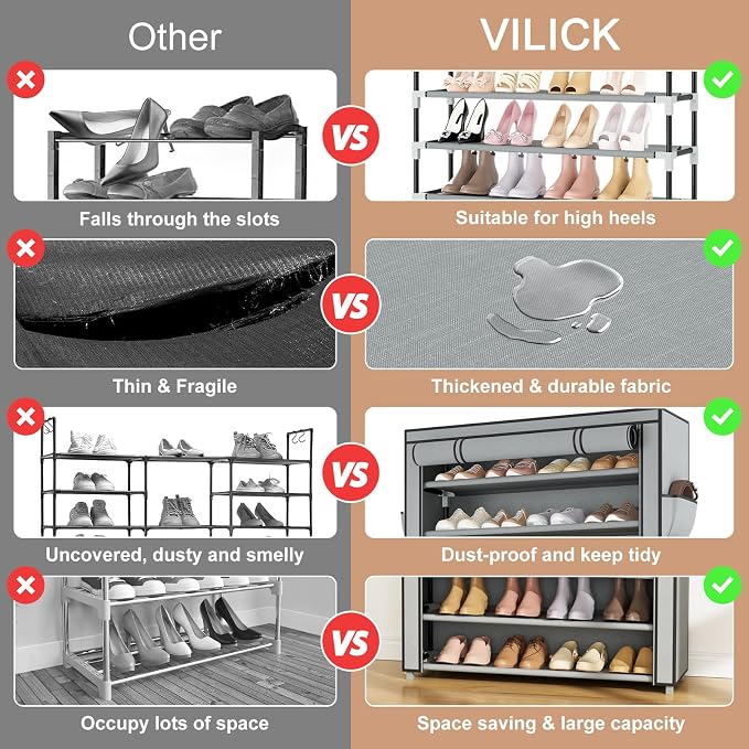 VILICK Shoe Rack with Cover Narrow Shoe Organizer with Pockets 10 Tier Tall Shoe Storage Holds 36-41 Pairs Shoes and Boots Shoe Rack for Closet Entryway Garage, Grey - Image 5