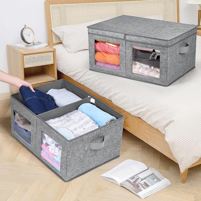 Univivi Large Foldable Fabric Storage Bins with lids [2-Pack] Collapsible Closet Storage Box for Clothes, Closet Organizer with Handles, Storage Cube Basket for Home, Bedroom (Grey, 24" x17" x 12") - Image 4
