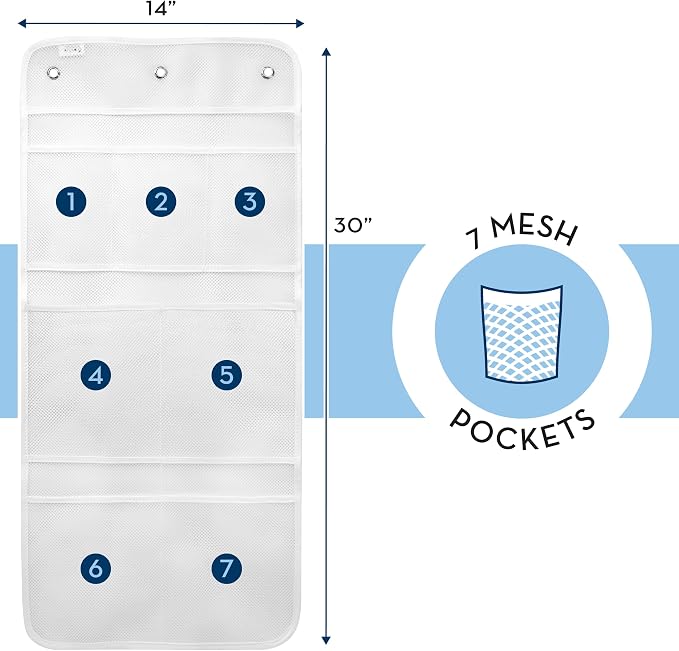 S&T INC. Shower Organizer, Shower Caddy or Bathroom Organizer with Quick Drying Mesh, 7 Pockets to Hold Shampoo, Soap, Loofah, and Cruise Ship Essentials, 14 Inch by 30 Inch, White, 2 Pack - Image 3