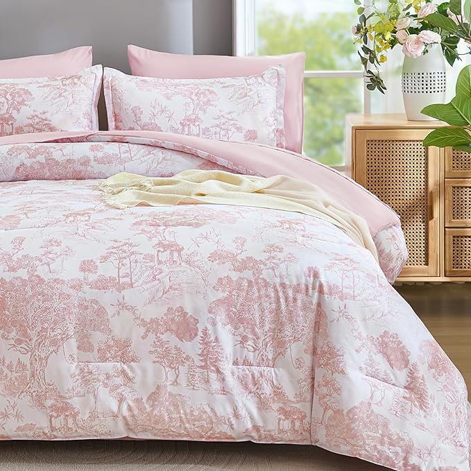 DJY King Size Comforter Set, 7 Pieces Bed in a Bag King Pink Botanical Comforters with Sheets Elegant Plants Print Christmas Soft Microfiber Reversible Complete Bedding Sets for All Season