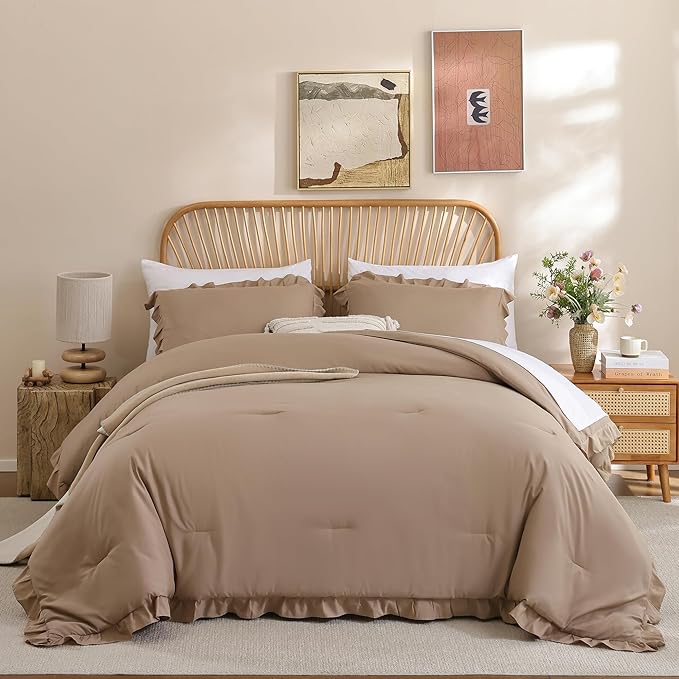 JANZAA Full Ruffled Comforter Set 3PCS (1 Taupe Comforter Set and 2 Pillowcases) Vintage Farmhouse Shabby Chic Bedding Soft Fluffy All Season