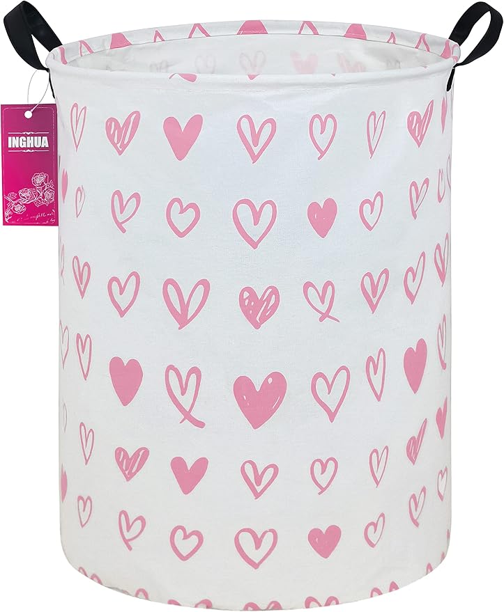 Laundry Hamper Large Canvas Fabric Lightweight Storage Basket/Toy Organizer/Dirty Clothes Collapsible Waterproof for College Dorms, Boys and Girls Bedroom,Bathroom(Pink hearts) by INGHUA