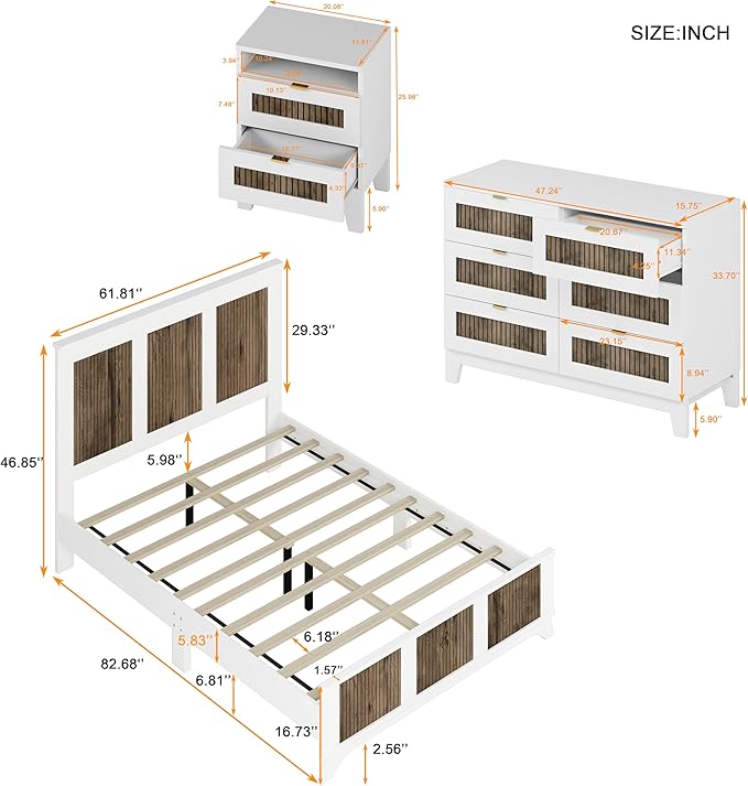 SOFTSEA 4 Piece Queen Size Bedroom Set with Storage, Farmhouse Solid WOD Platform Bed with Wooden Strip Decoration, 4 Piece Bedroom Furniture Set, White