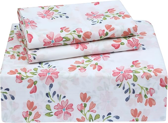 RUVANTI 100% Cotton Sheets – Queen Size Percale Bedding, Cooling & Breathable Floral Design, Durable with a Crisp, Soft & Comfortable Feel, 16" Deep Pocket, 4-Piece Set, Bloomex