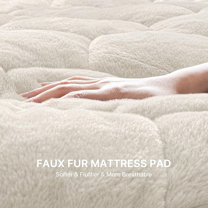 Faux Fur Mattress Pad Quilted Fitted Mattress Cover, Fluffy Warm Soft Breathable Mattress Protector, Mattress Topper with 8-21" Deep Pocket (White, King)