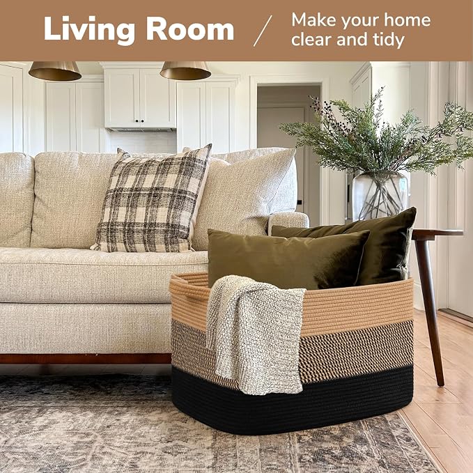 Goodpick Large Blanket Basket 22" x 17" x 12" Wicker Laundry Baskets for Organizing, Decorative Woven Rope Basket for Living Room Bedroom, Rectangle Toy Storage Baskets for Kids - Image 2