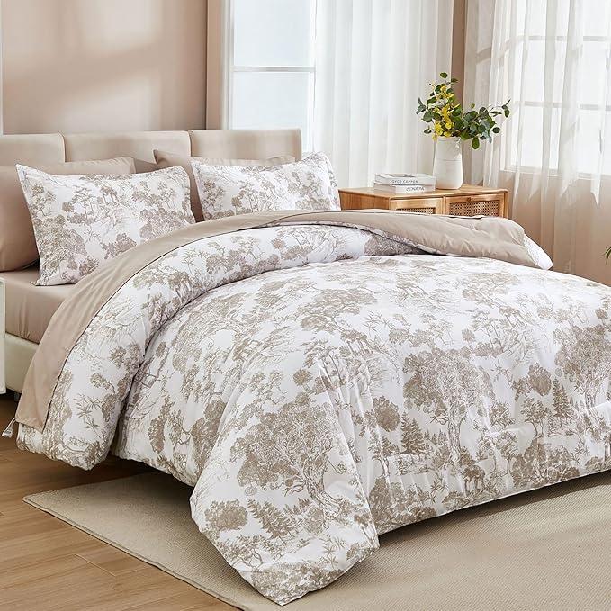 DJY Khaki Comforter Set Queen, 7 Pieces Bed in a Bag Queen Size Botanical Comforters with Sheets Elegant Plants Print Soft Microfiber Reversible Complete Bedding Sets for All Season