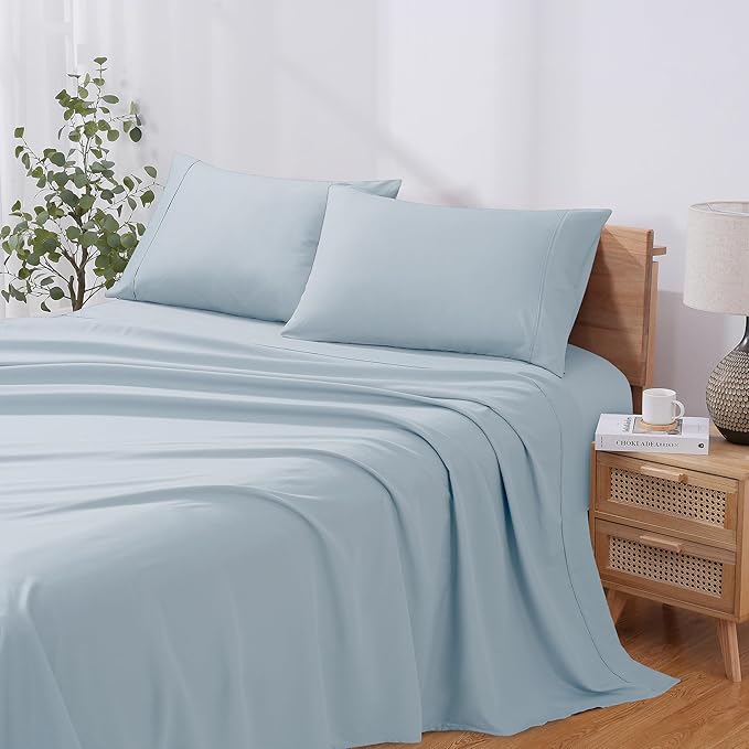 Modern Threads Soft Microfiber Solid Sheets - Luxurious Microfiber Bed Sheets - Includes Flat Sheet, Fitted Sheet with Deep Pockets, & Pillowcases Blue Mist Queen