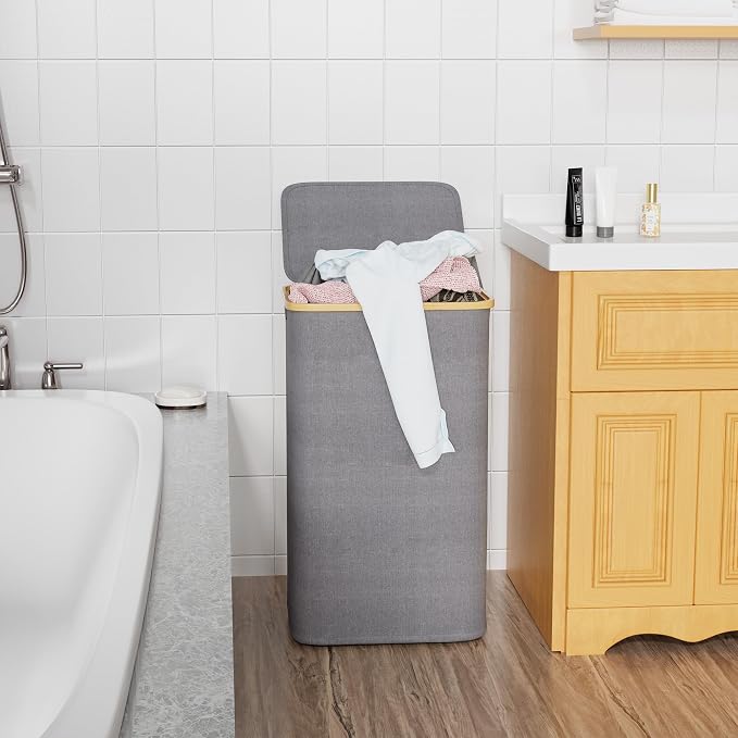 SUOCO Laundry Hamper with Lid, 29 Gal (110L) Clothes Basket with Bamboo Handles, Large Foldable Laundry Hamper for Bedroom, Bathroom, Dorm, Laundry Room - Grey - Image 3
