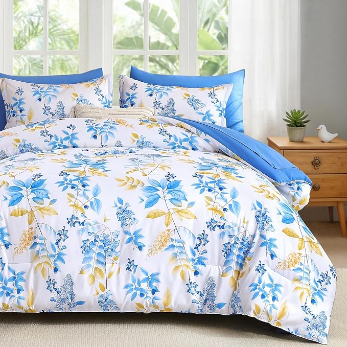 Cottolester Teal Comforter Set King Size Floral 7-Piece Bedding Set,Botanical Comforter Set with Pillowcases,Soft Microfiber Complete Bedding Sets for All Season