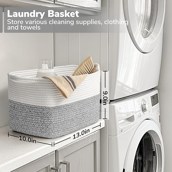 Goodpick Woven Storage Basket, Cotton Rope Baskets for Organizing, Closet Storage Bins with Handles, Small Laundry Basket for Clothes, Towels and Shoes, 13''x10''x9'', Gray and White - Image 6