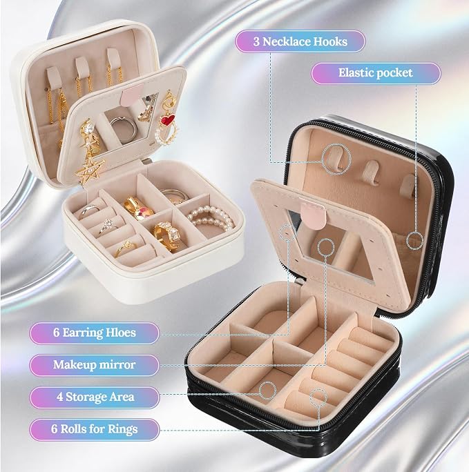 Nosiny 2 Pack Travel Jewelry Case with Mirror Small Laser Jewelry Box Organizer Gifts for Mother's Day Women Rings Earrings(White and Black) - Image 4