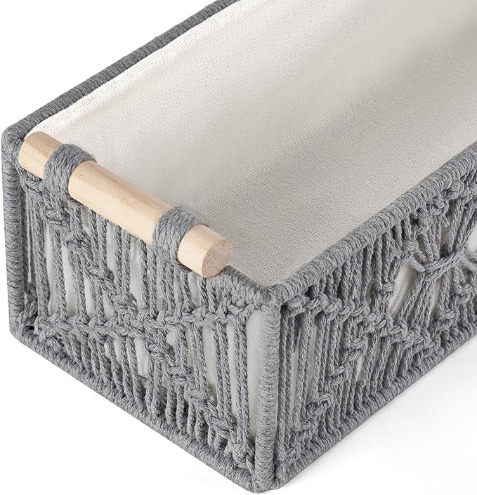 Mkono Macrame Storage Baskets Boho Decor Box Handmade Woven Decorative Countertop Toilet Tank Shelf Cabinet Organizer for Bedroom Livingroom Home, Set of 2, Grey - Image 5