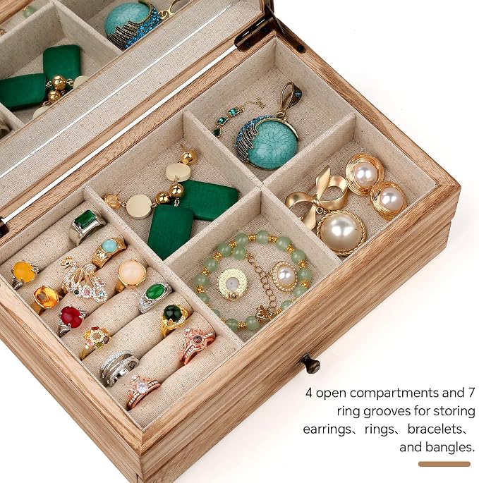 Meangood Jewelry Box Organizer for Women, 2 Layer Large Jewelry Storage Case, Rustic Wooden Jewelry Box with Mirror & Ring Tray for Necklace Earring Bracelets Rings, Vintage Style (Torched Wood) - Image 3