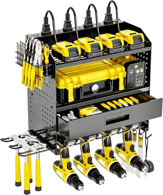 Power Tool Organizer Wall Mount Heavy Duty 130 lbs, 4 Layers Storage Rack with 6 Drill Holders & Battery Storage, Cordless Tool Organizer for Garage, Workshop & Tool Room by Unknown