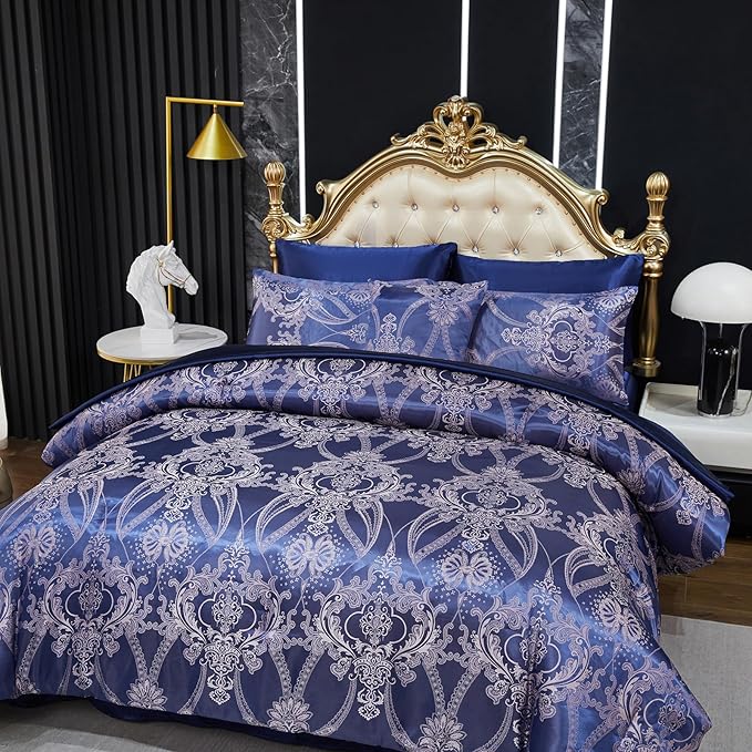 Jacquard Queen Comforter Set Blue Satin Sheet Set Elegant Bedding Set 8 Pcs Vintage Neoclassical Floral Bed Home Decor Soft Comforter Luxury Hotel Silky Bed in a Bag with 1 Cushion Cover