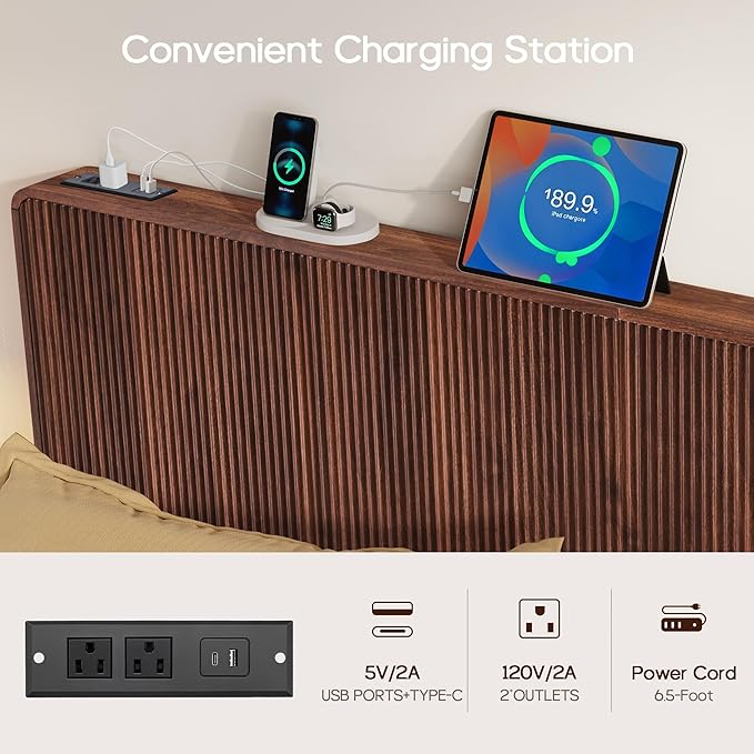 AVZEAR Wood Fluted Headboard King Size, Mid Century Modern King Headboard Only, Wall Mounted Headboard with 2 Outlets and USB & Type C Port, Curved Wooden Bed Headboards, Stylish Bedroom Decor, Walnut