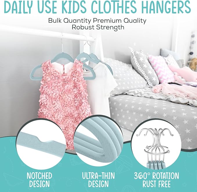 TechZoo 50 Premium Kids Velvet Hangers - 14" Non-Slip Ultra Slim Space-Saving Clothes Hangers with 360° Swivel Hook - Strong & Durable Hangers for Children & Preteens Wardrobe - Blue - Image 6