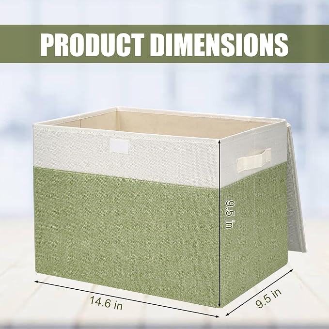 Large 17" 42 Quarts Collapsible Stackable Storage Bins with Lids [3-Pack] Foldable Fabric Linen Storage Boxes Cube, Closet Organizer Baskets with Label for Home (16.7 x 12 x 12", Green & White) - Image 2