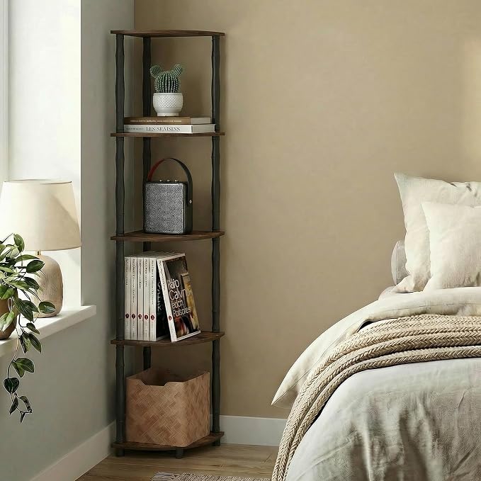 Furinno Turn-N-Tube Storage Shelves, 5-Tier Corner Book Shelf, Standing Corner Shelf, Toolless Open Shelves, Classic Tubes, for Organization and Storage, Living Room, Home Office, Amber Pine - Image 4