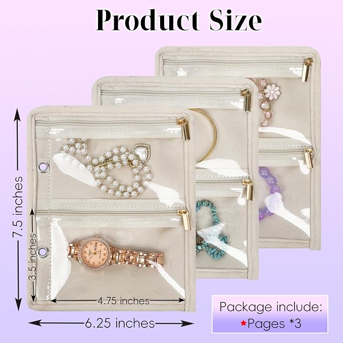 Travel Jewelry Organizer Case,Small Jewelry Bags for Traveling, Jewelry Binder with 24 Pcs Clear Zipper Velvet Pouches (Inner Pages,Beige,3 PCS) - Image 2