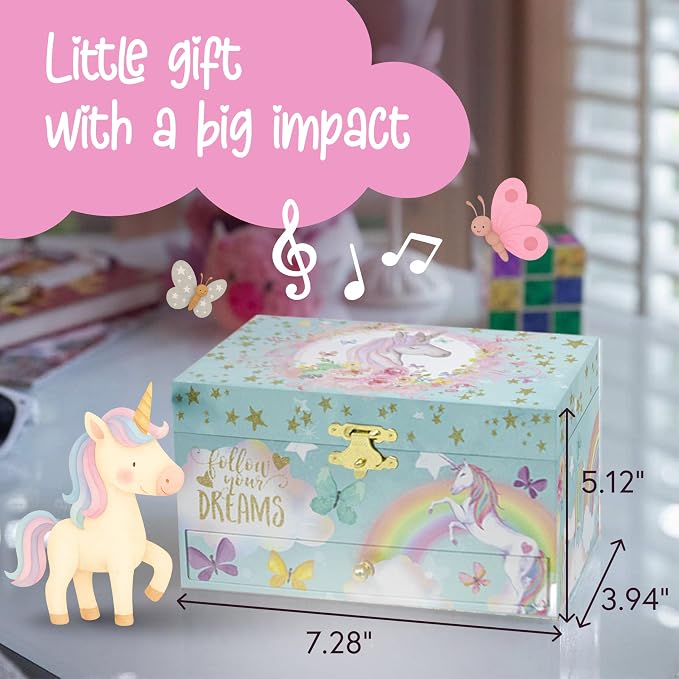 The Memory Building Co Unicorn Musical Jewelry Box Plays Classic Melody, Storage Organizer Music Box for Kids Ages 6-12, MDF Wood w/ 2 Fabric Lined Ring Bracelet Necklace Treasure Compartments - Image 4