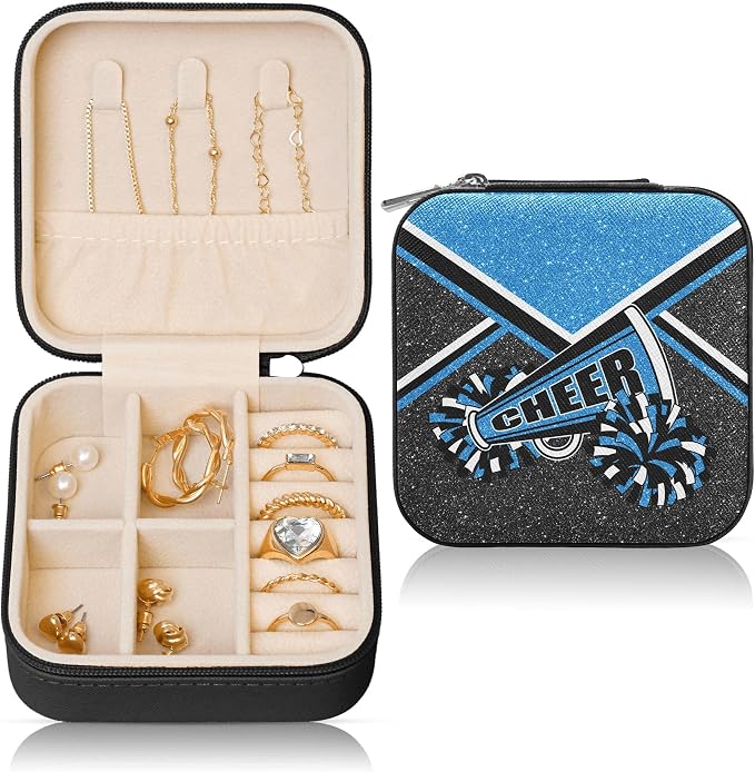 Cheerleader Travel Jewelry Case, Cheer Travel Jewelry Box for Women, Mini Jewelry Travel Case for Cheer Team, Cheerleader Gifts for Girls (Blue) by Corxiren