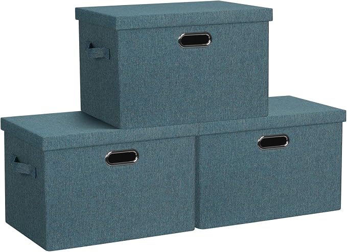 Graciadeco Large 17" 36 Quart Collapsible Stackable Storage Bins with Lids, 3 Packs Blue-Green Linen Fabric Closet Boxes with Lids, Storage Cube Baskets Container Organizers for Bedroom (17x12x11) by GraciadecoStorage