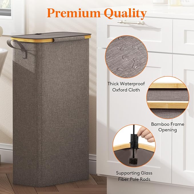 Lifewit 65L Slim Laundry Hamper with Lid, Narrow Laundry Basket with Removable Bag & Bamboo Handles, Fodable Thin Dirty Clothes Hamper for Laundry Collapsible Bin for Bathroom Bedroom Dorm, Brown - Image 7