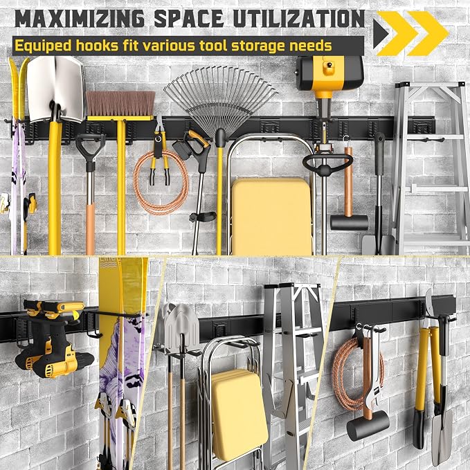 64" Garage Wall Organizer – 12 Longer & Thicker Hooks + 2 Straps, 900 Lbs Heavy Duty Steel Garden Tool Storage Rack & Garage Organization for Yard, Shed, Garage - Image 6
