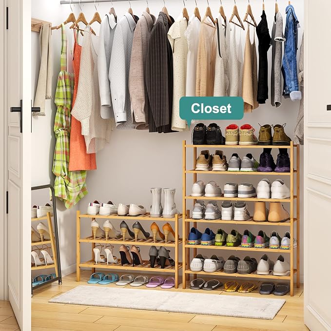 viewcare 6-Tier Bamboo Shoe Rack for Entryway, Stackable | Foldable | Natural, Shoe Organizer for Hallway Closet, Free Standing Shoe Racks for Indoor Outdoor - Image 2