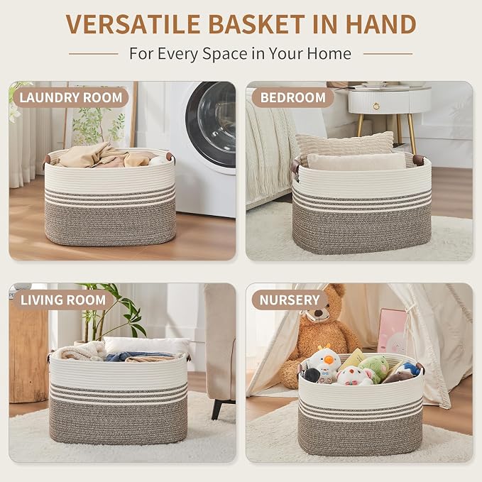 Large Woven Laundry Basket Hamper, 72L Cotton Rope Storage Bin for Blankets, Toys, Clothes, Decorative Nursery Hamper for Living Room, Baby Nursery, Bathroom, Bedroom, Kids Storage, Brown - Image 4