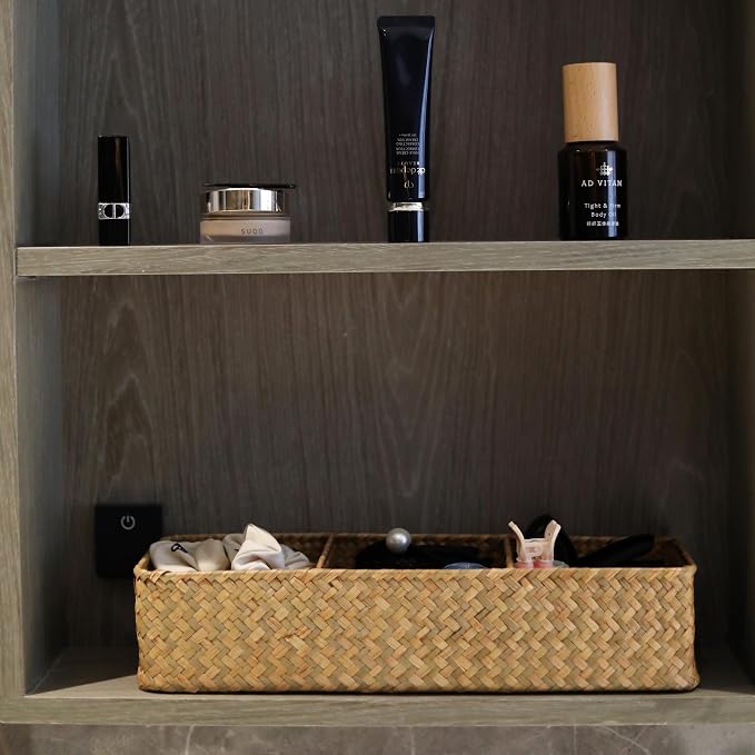 Seagrass Storage Basket 3 Sections Woven Shelf Baskets with Compartment (Natural, 14.6inch x 4.7inch x 3.1inch) - Image 5