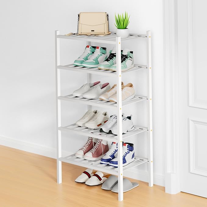 Smiry Shoe Rack, 5 Tier Small Bamboo Shoe Organizer, Stackable Free Standing Wooden Shoe Storage Shelf for Closet, Entryway, Front Door Entrance, White by Smiry