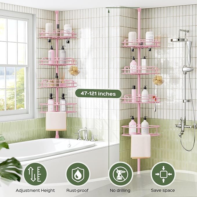 HAMITOR Corner Shower Caddy Tension Pole: 4-Tier Rust-Resistant Adjustable Bathroom Organizer Shelves - 47-121 Inch No-Drill Quick Installation - Space-Saving Storage for Renters Family - Pink - Image 7