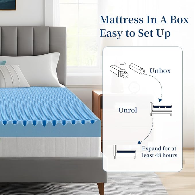 2 Inch Full Size Mattress Topper Memory Foam Mattress Topper Full Egg Crate Foam with Cooling Gel, Plush Feel Breathable Pressure Relief Matress Pad for Bedroom, College, RV, Cooling Blue