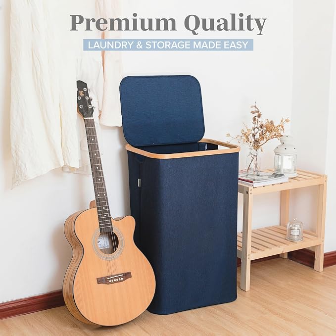LONBET Laundry Basket with Lid, Made from Breathable Fabric | Aesthetic Clothes Hampers for Laundry with Side Handles & Sturdy Bamboo Frame (26 Gallons - Single, Blue) - Image 8