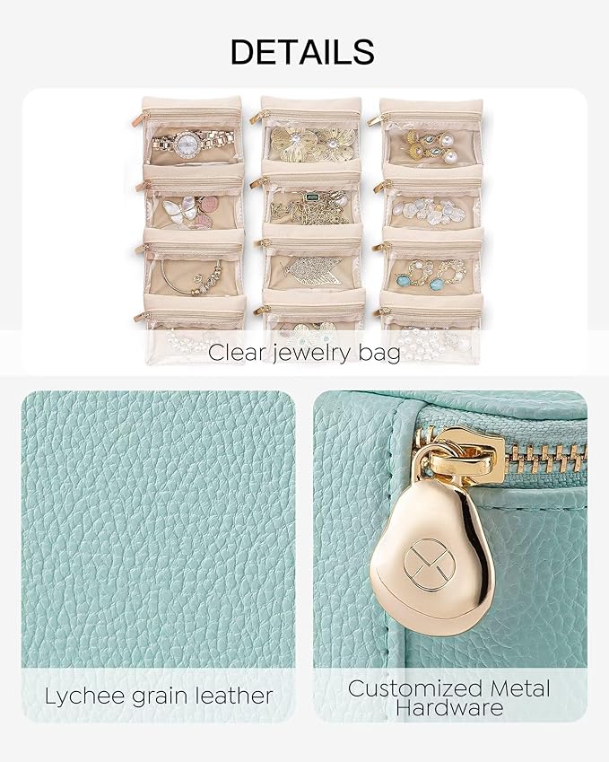 VLANDO Jewelry Travel Case,Travel Jewelry Organizer with Clear Velvet Jewelry Bags 12Pcs Zipper Pouch for Women Girl Trendy Stuff Gift-Lake Blue - Image 4