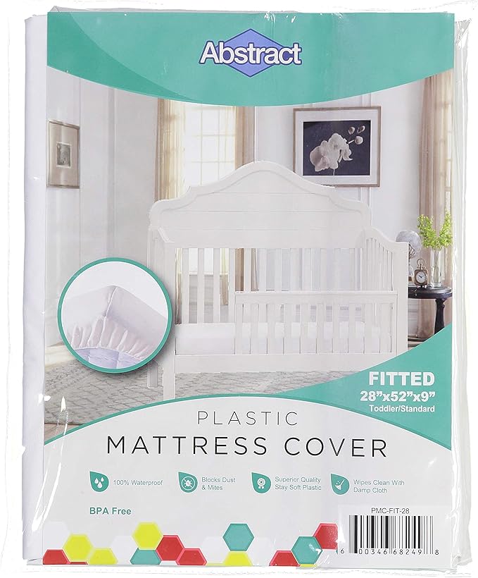 Abstract Waterproof Mattress Cover, 28 x 52 x 8 inch, White, Durable Vinyl Plastic Bed Crib Protective Fitted, Easy Care and Cleaning