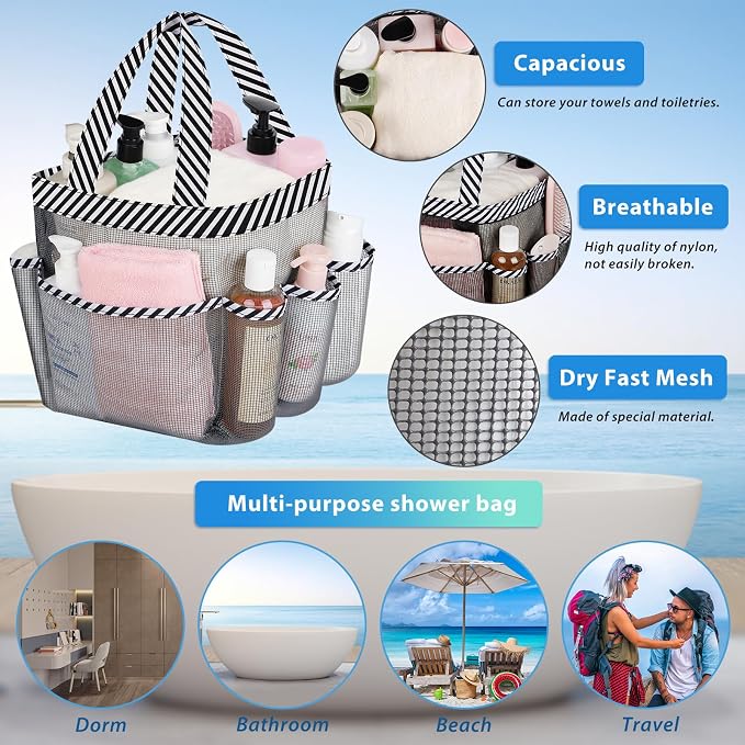Attmu Mesh Shower Caddy Portable for College Dorm Room Camping Essentials, Shower Caddy Dorm with 9-Pockets, Large Capacity Hanging Basket Bathroom Bag for Toiletry, Swimming, Gym, Camp, Beach - Image 2