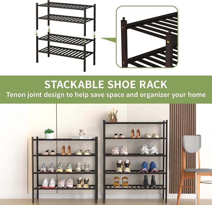 ROMGUAR CRAFT 5 Tier Bamboo Shoe Rack for Closet Free Standing Wood Shoe Shelf for Entryway Small Space Stackable 27"x11"x33" (Brown) - Image 5