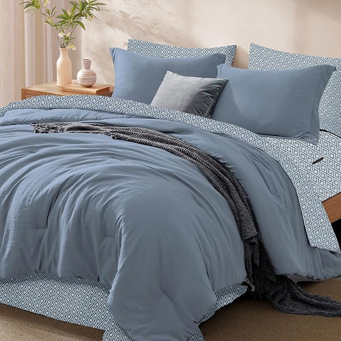 Monbix King Size Comforter Set - 7 Pieces Oxford Blue Prewashed Bed in a Bag King Bedding Sets with Comforters, All Seasons Ultra Soft Comforter Bed Set with Sheets,Pillowcases & Shams