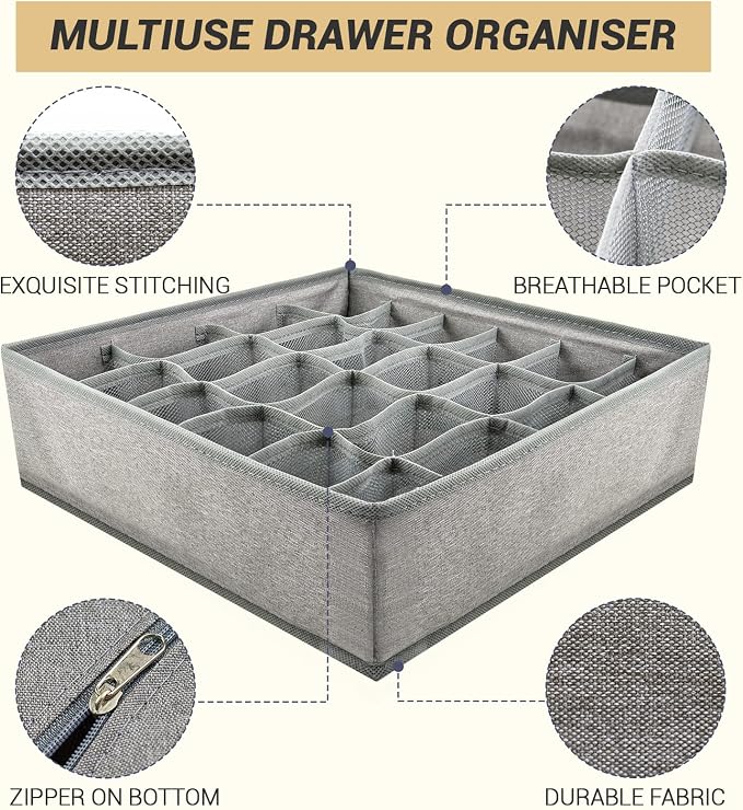 PINGMIC Gray Sock Organizer Divider 2 Pack - 24 Cell Foldable Closet Storage, Tie Organizer For Men Boxes for Socks, Ties, Belts - Image 3