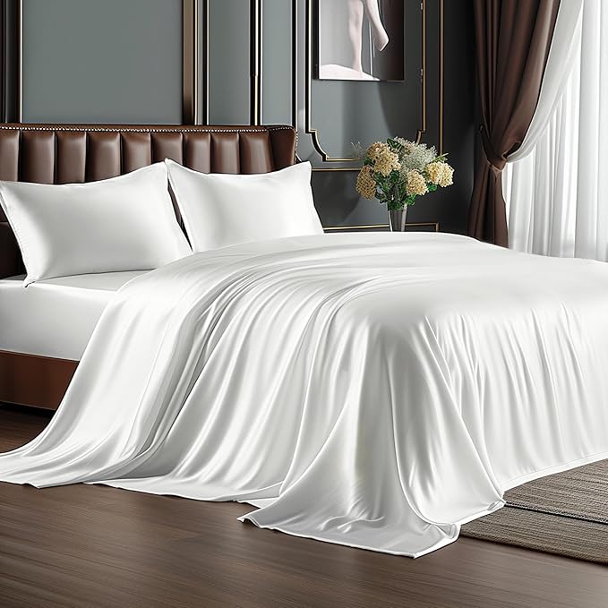 BEDELITE Satin Sheets Full Size Bed Set, Luxury Soft White Silky Sheet for Hair and Skin, Similar to Silk Bed Sheets Set 4 Pieces with 1 Deep Pocket Fitted Sheet, 1 Flat Sheet, and 2 Pillowcases