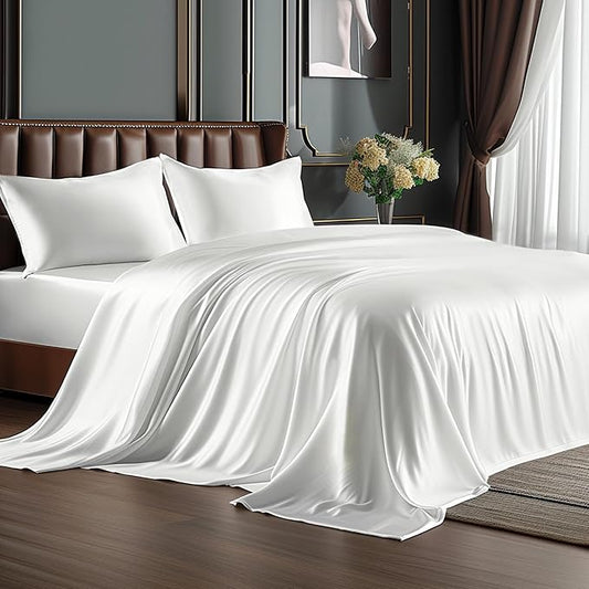 BEDELITE Satin Sheets Full Size Bed Set, Luxury Soft White Silky Sheet for Hair and Skin, Similar to Silk Bed Sheets Set 4 Pieces with 1 Deep Pocket Fitted Sheet, 1 Flat Sheet, and 2 Pillowcases