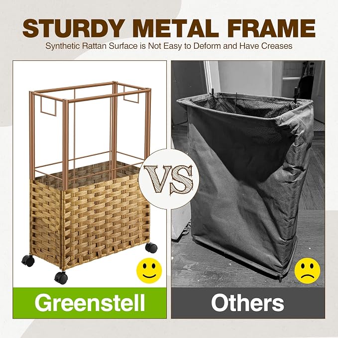 Greenstell Laundry Hamper with Wheels, 11.9 Gallon (45L) Small Clothes Hamper with 2 Removable Liner Bags & 2 Mesh Bags, Slim Rattan Laundry Basket for Bathroom, Bedroom, Natural - Image 7