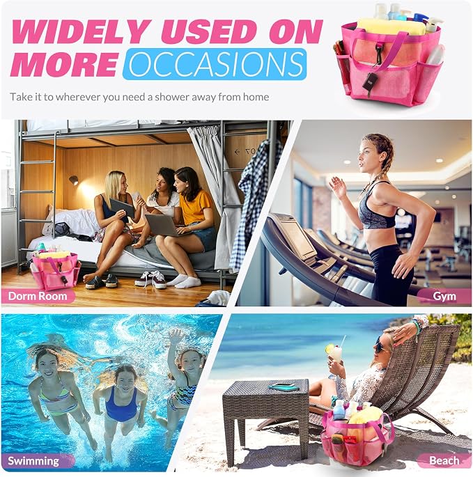 LOYEE Mesh Shower Caddy Portable for College Dorm Room Essentials with 8 Pockets, Shower Bag for Beach, Swimming, Gym, Travel, Bathroom(All rose pink) - Image 7