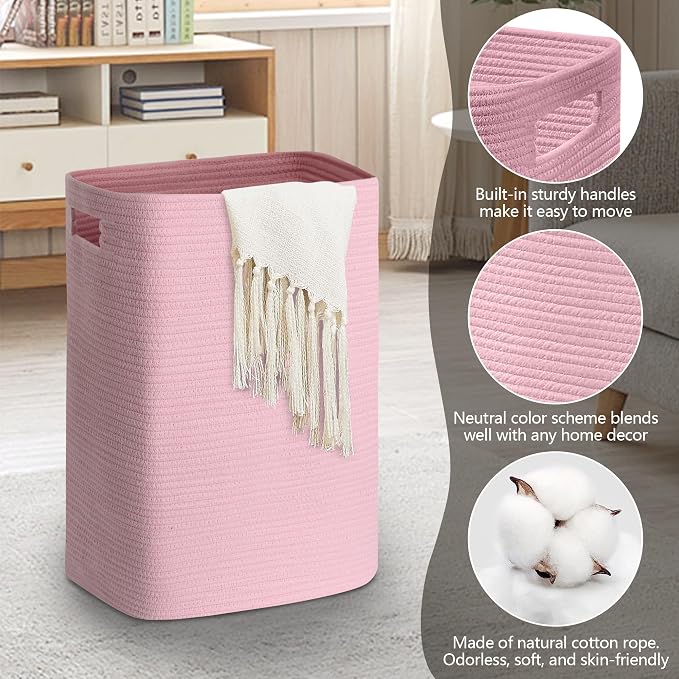 MEGASKET Large Laundry Hamper 16"x13"x22" - Tall Woven Laundry Basket, Cotton Rope Dirty Clothes Hamper, Baby Kids Nursery Wicker Laundry Basket, Bedroom Aesthetic, Soft Laundry Bin, Pink Hamper, 75L - Image 3